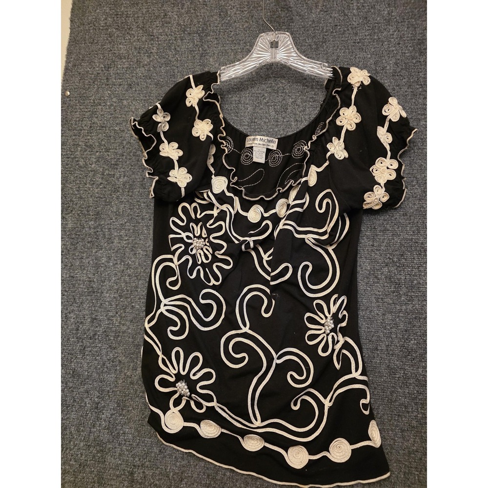 Lauren Michelle Blouse Womens L Black Beaded‎ Floral Ruffle Tunic Top Boho